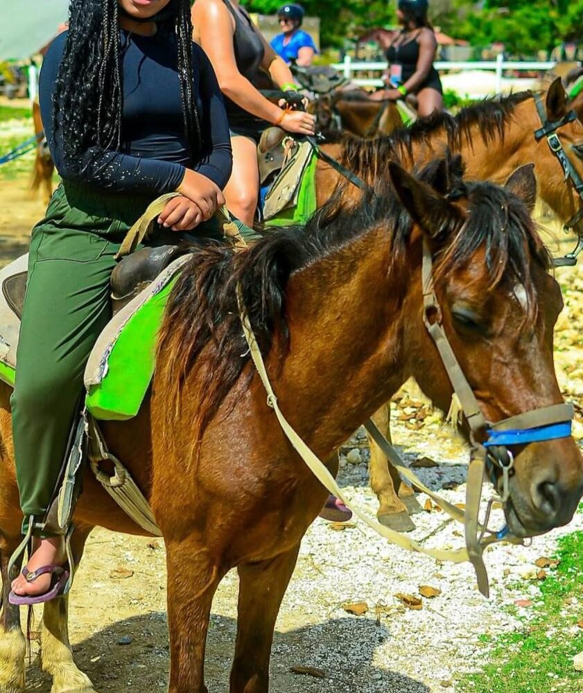 Happy tourist horseback riding on brown horse during Punta Cana tour adventure with group riders in tropical setting