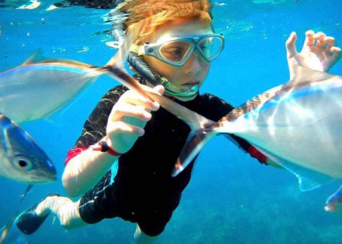 Child snorkeling with dolphins in Punta Cana - taxiboatpuntacana.com tour experience