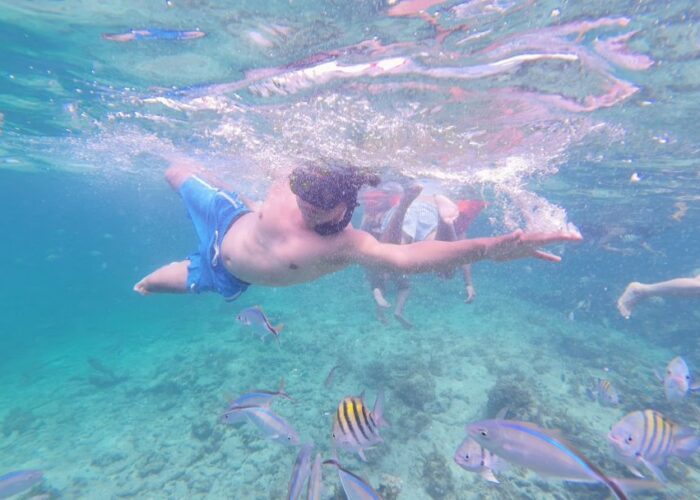 Man snorkeling in crystal clear turquoise waters with colorful tropical fish at Fun Punta Cana Tours
